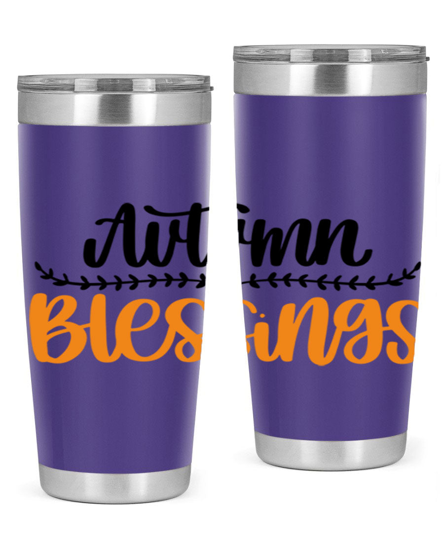 Autumn Blessings 20oz tumbler featuring a fall-themed design, made of double wall vacuum stainless steel with a copper lining.