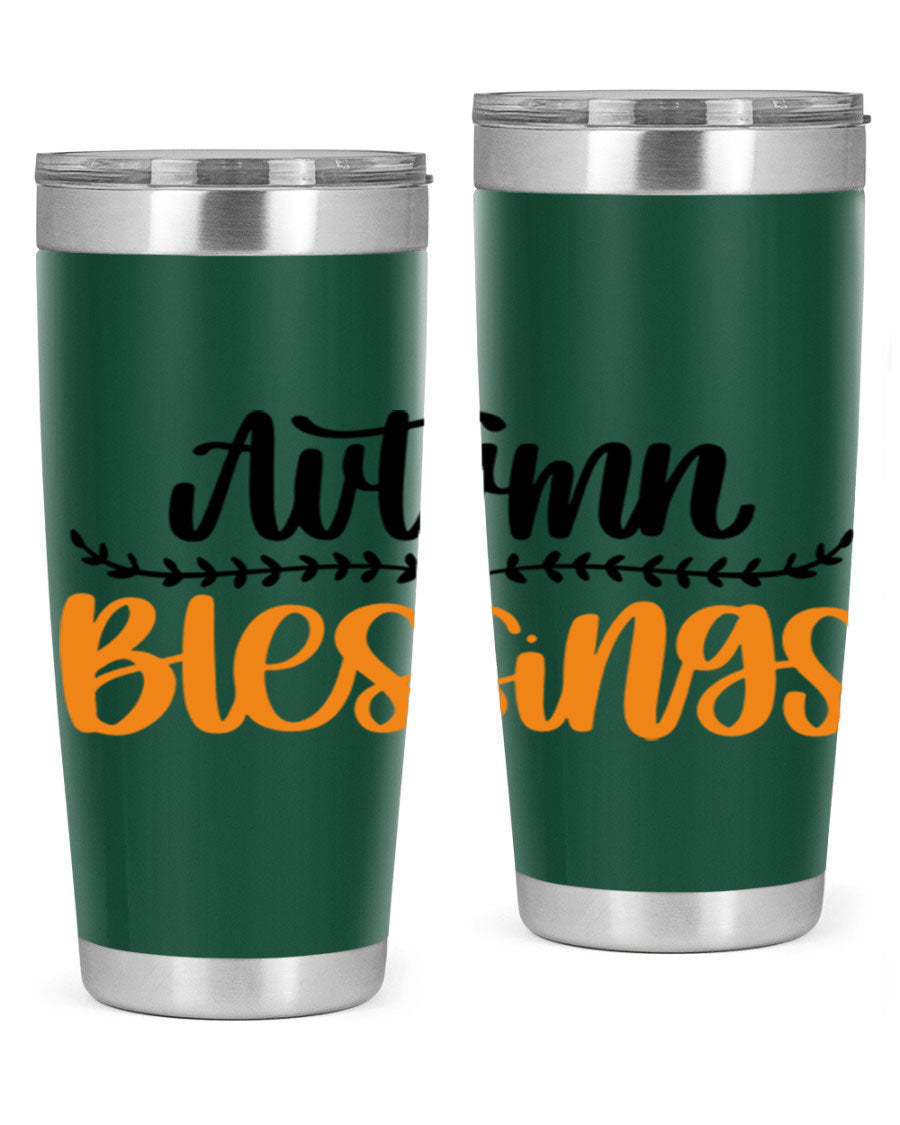 Autumn Blessings 20oz tumbler featuring a fall-themed design, made of double wall vacuum stainless steel with a copper lining.