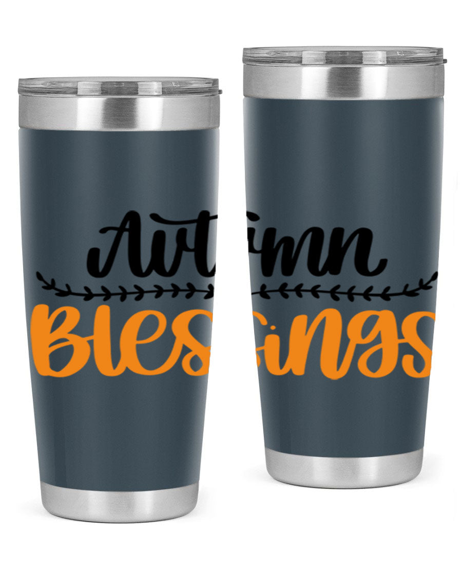 Autumn Blessings 20oz tumbler featuring a fall-themed design, made of double wall vacuum stainless steel with a copper lining.