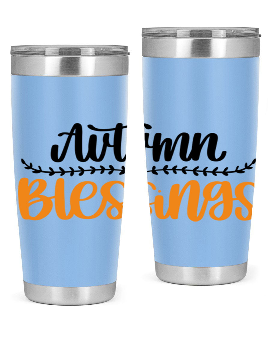 Autumn Blessings 20oz tumbler featuring a fall-themed design, made of double wall vacuum stainless steel with a copper lining.