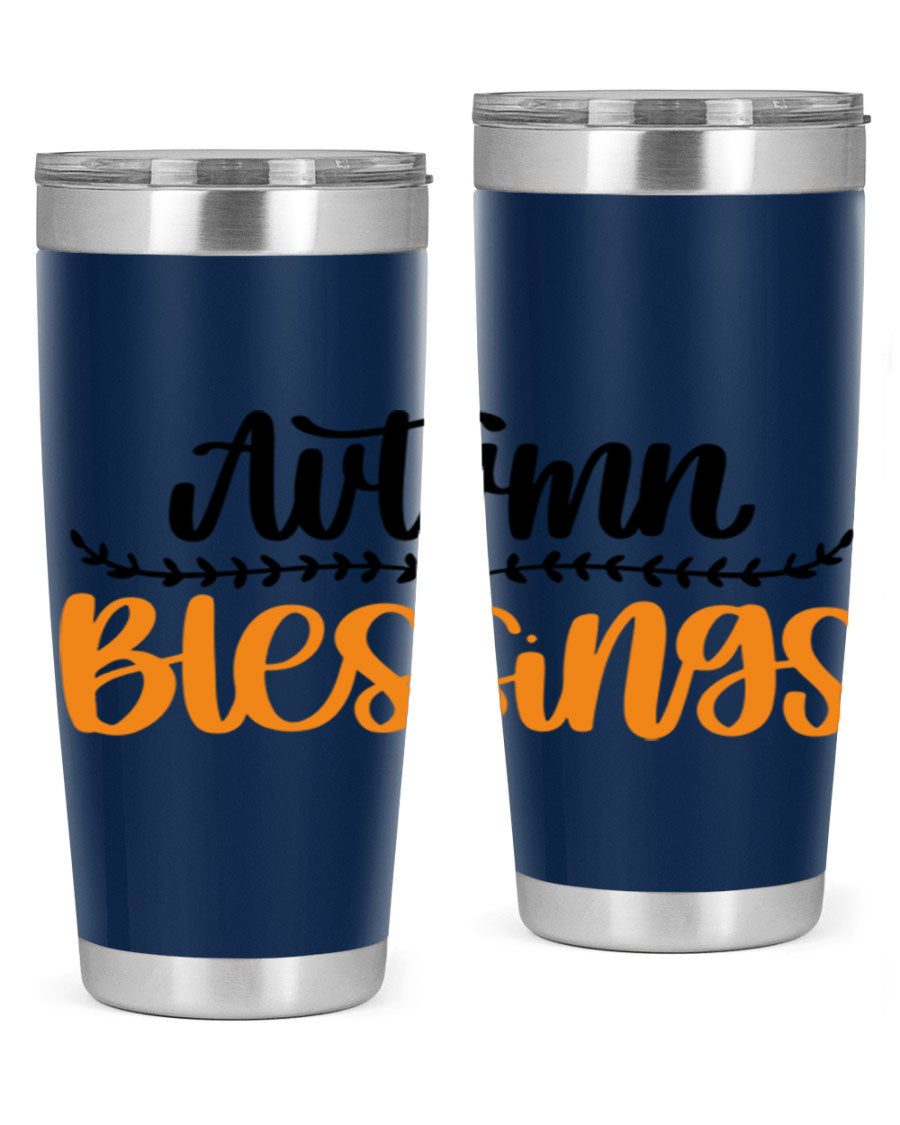 Autumn Blessings 20oz tumbler featuring a fall-themed design, made of double wall vacuum stainless steel with a copper lining.