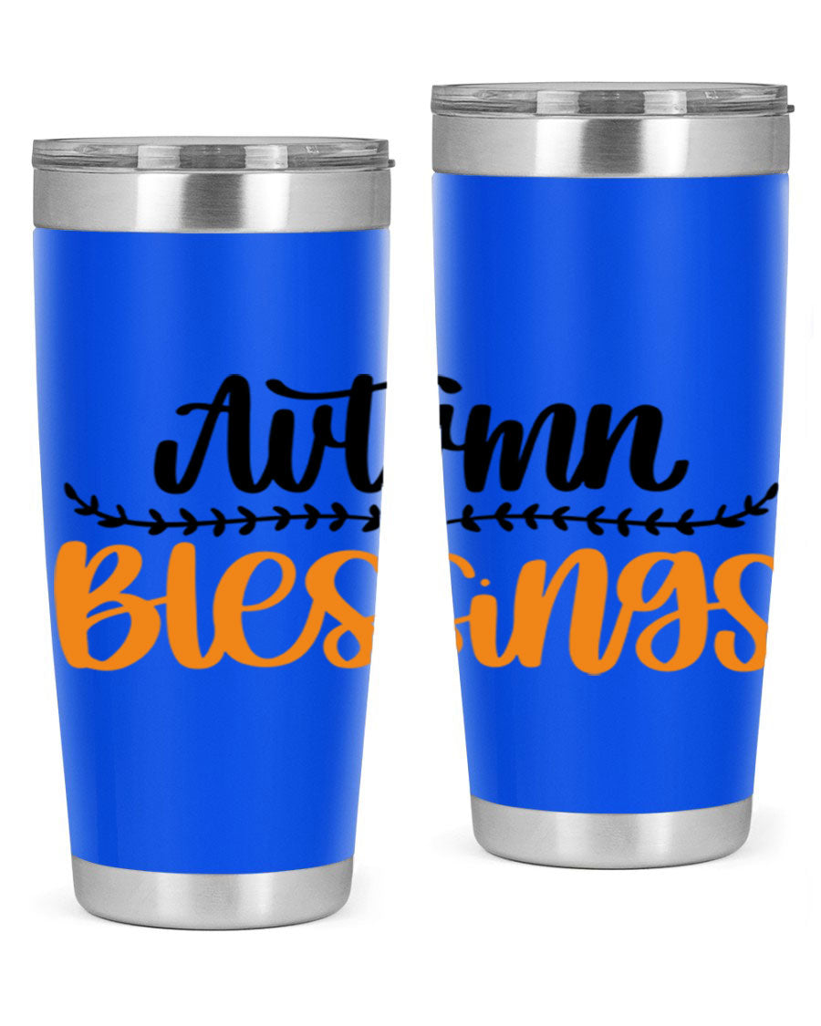 Autumn Blessings 20oz tumbler featuring a fall-themed design, made of double wall vacuum stainless steel with a copper lining.