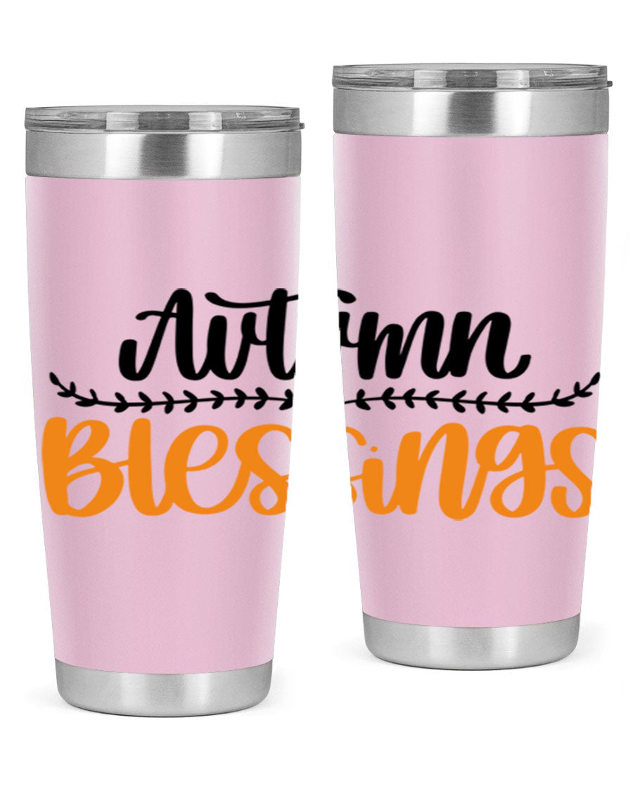 Autumn Blessings 20oz tumbler featuring a fall-themed design, made of double wall vacuum stainless steel with a copper lining.
