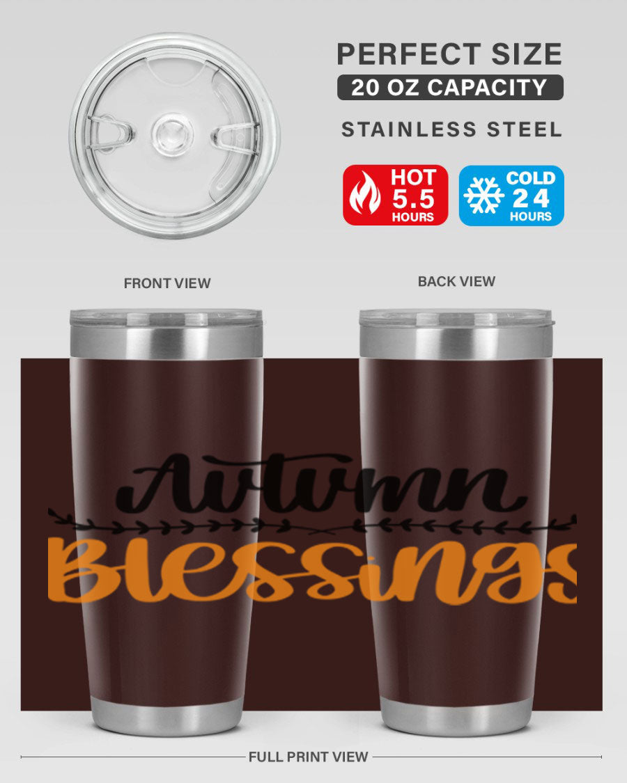 Autumn Blessings 20oz tumbler featuring a fall-themed design, made of double wall vacuum stainless steel with a copper lining.