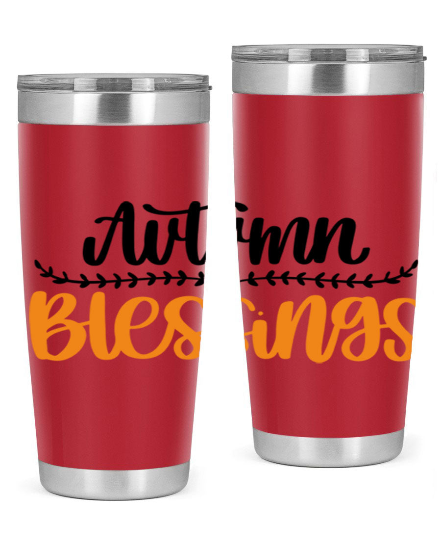 Autumn Blessings 20oz tumbler featuring a fall-themed design, made of double wall vacuum stainless steel with a copper lining.