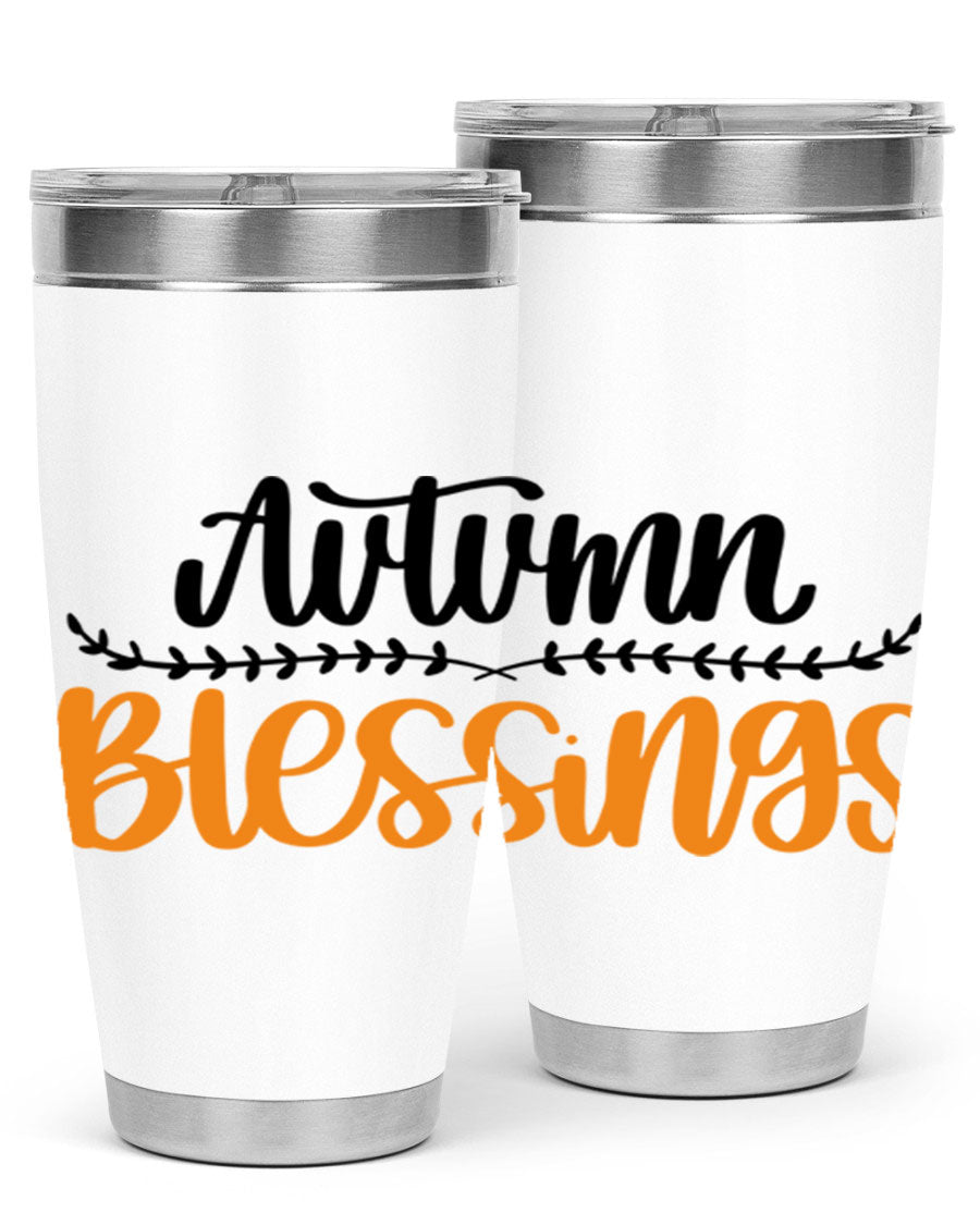 Autumn Blessings 20oz tumbler featuring a fall-themed design, made of double wall vacuum stainless steel with a copper lining.