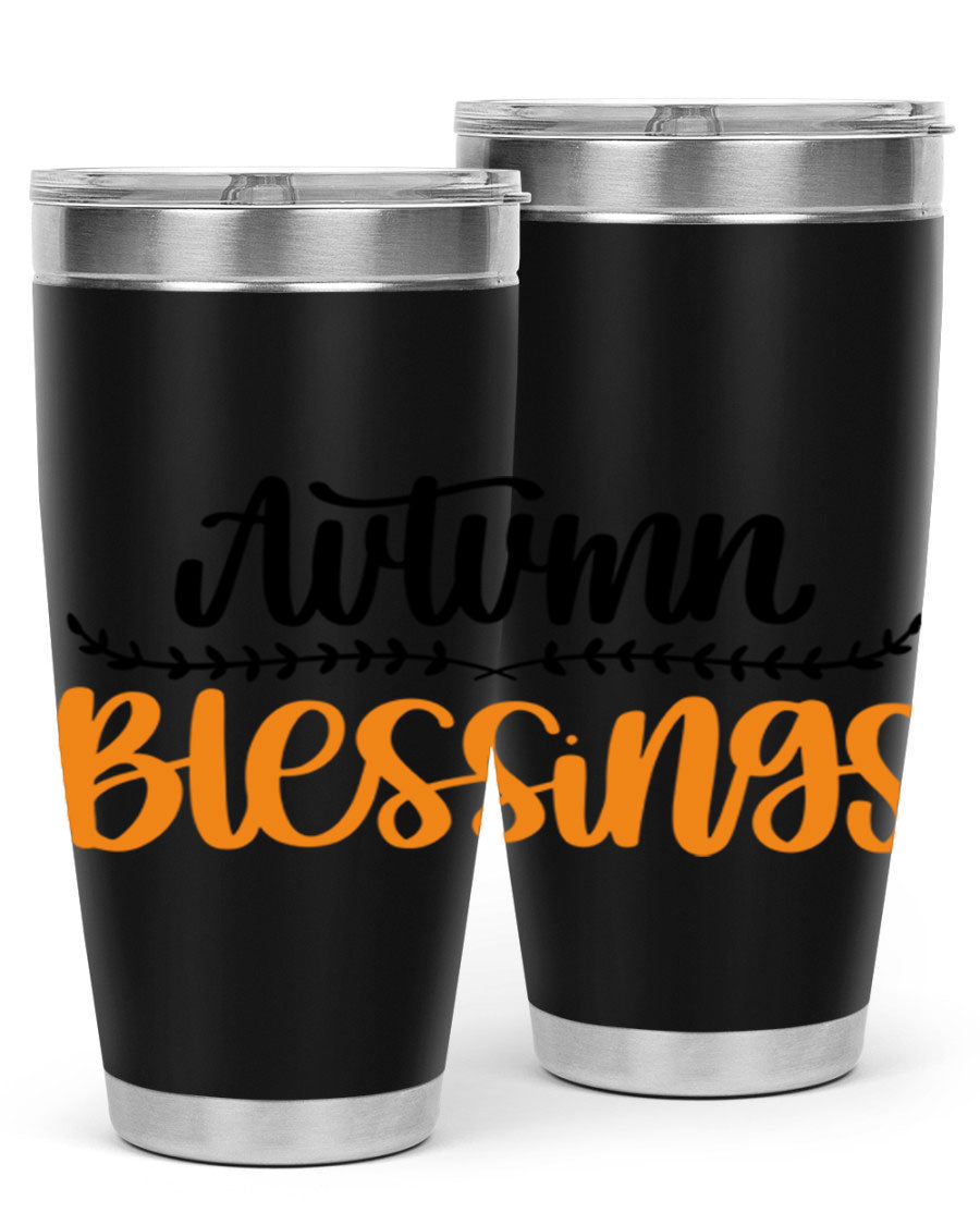 Autumn Blessings 20oz tumbler featuring a fall-themed design, made of double wall vacuum stainless steel with a copper lining.
