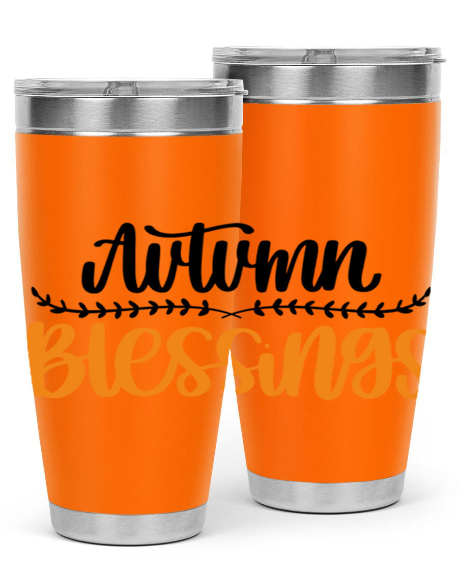 Autumn Blessings 20oz tumbler featuring a fall-themed design, made of double wall vacuum stainless steel with a copper lining.
