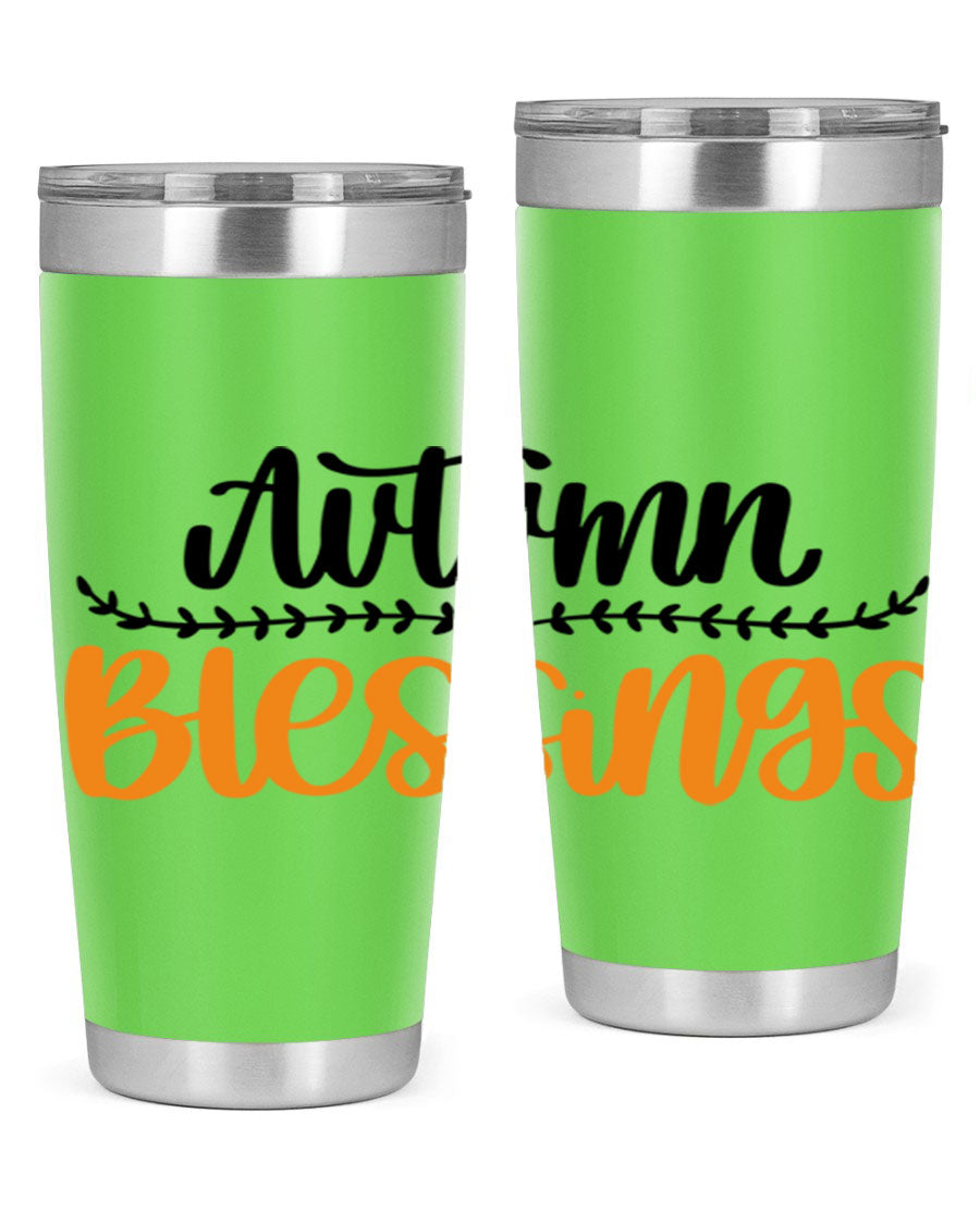 Autumn Blessings 20oz tumbler featuring a fall-themed design, made of double wall vacuum stainless steel with a copper lining.