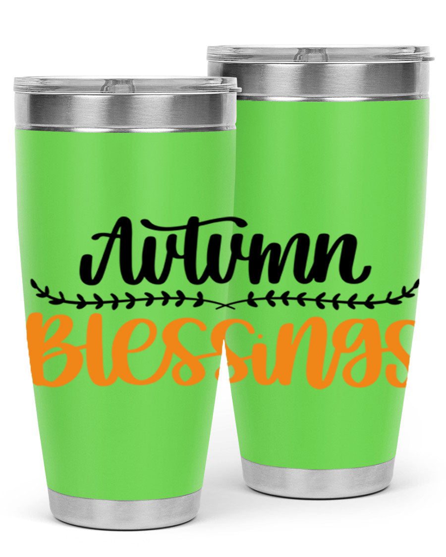 Autumn Blessings 20oz tumbler featuring a fall-themed design, made of double wall vacuum stainless steel with a copper lining.