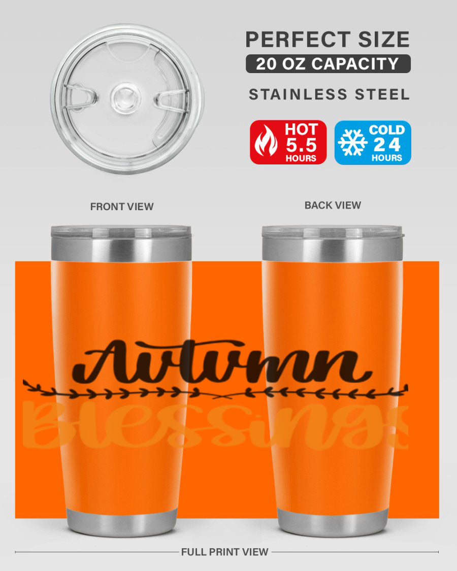 Autumn Blessings 20oz tumbler featuring a fall-themed design, made of double wall vacuum stainless steel with a copper lining.