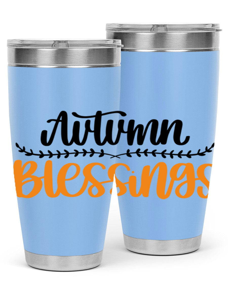 Autumn Blessings 20oz tumbler featuring a fall-themed design, made of double wall vacuum stainless steel with a copper lining.