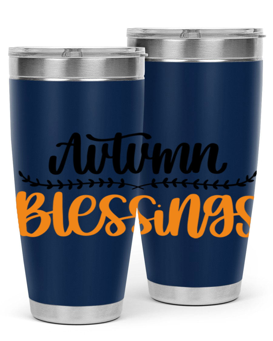 Autumn Blessings 20oz tumbler featuring a fall-themed design, made of double wall vacuum stainless steel with a copper lining.