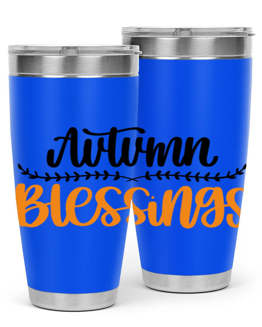 Autumn Blessings 20oz tumbler featuring a fall-themed design, made of double wall vacuum stainless steel with a copper lining.