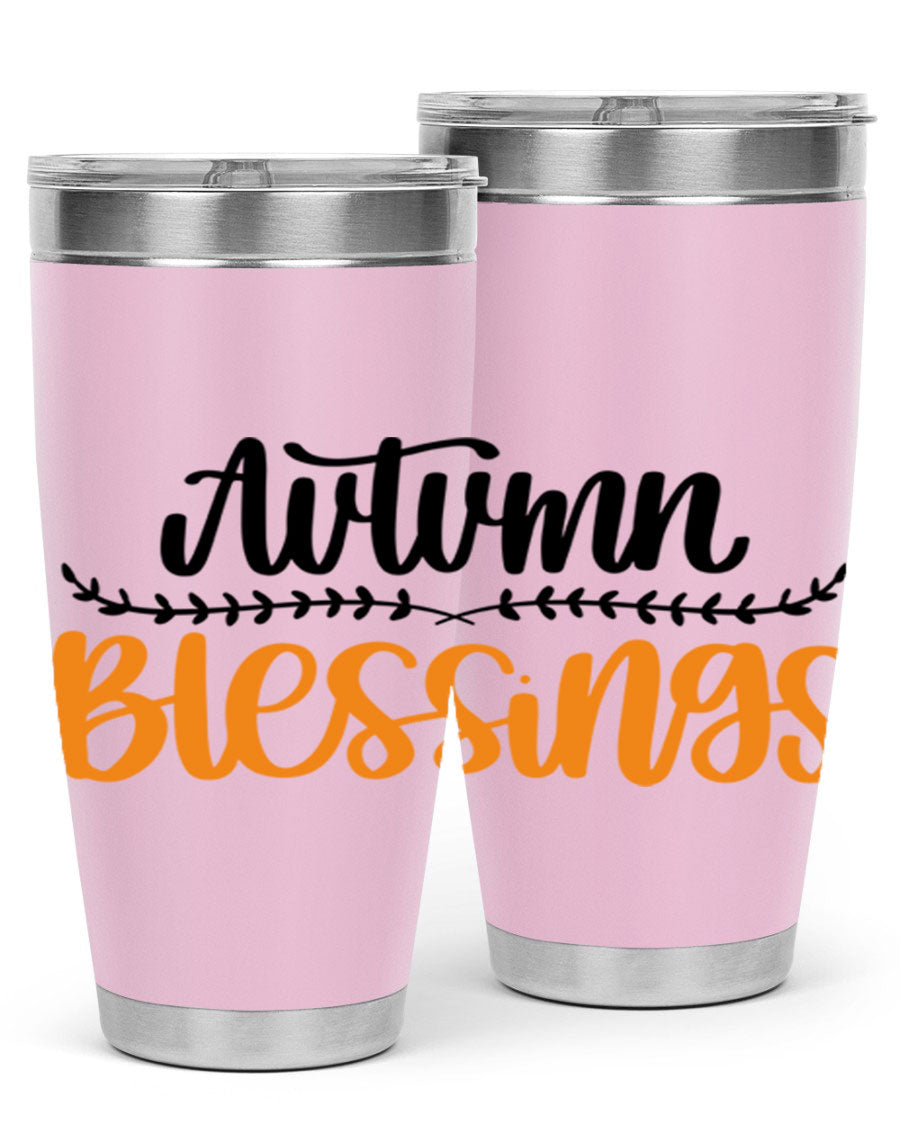 Autumn Blessings 20oz tumbler featuring a fall-themed design, made of double wall vacuum stainless steel with a copper lining.