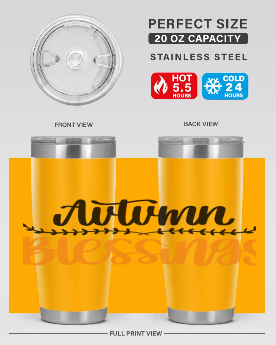 Autumn Blessings 20oz tumbler featuring a fall-themed design, made of double wall vacuum stainless steel with a copper lining.