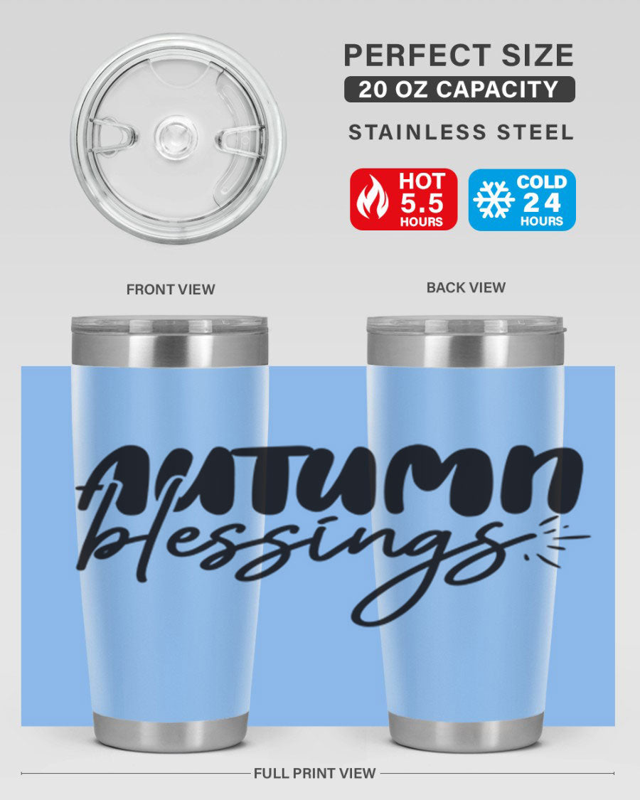 Autumn Blessings 20oz Tumbler featuring double wall vacuum stainless steel design with a festive Thanksgiving theme.