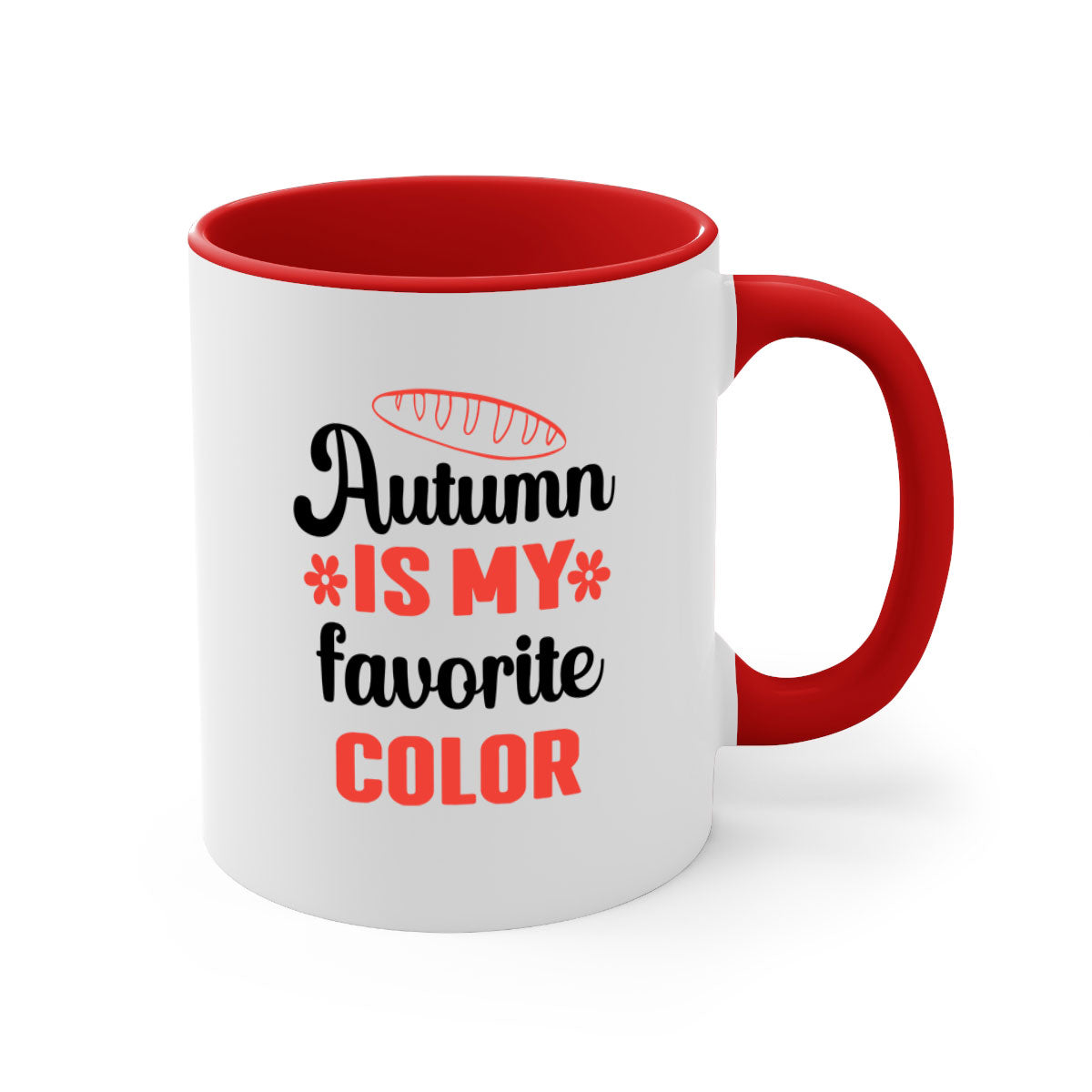 A two-tone ceramic mug featuring the phrase 'Autumn is my favorite color', available in five colors with a glossy finish and C-shaped handle.