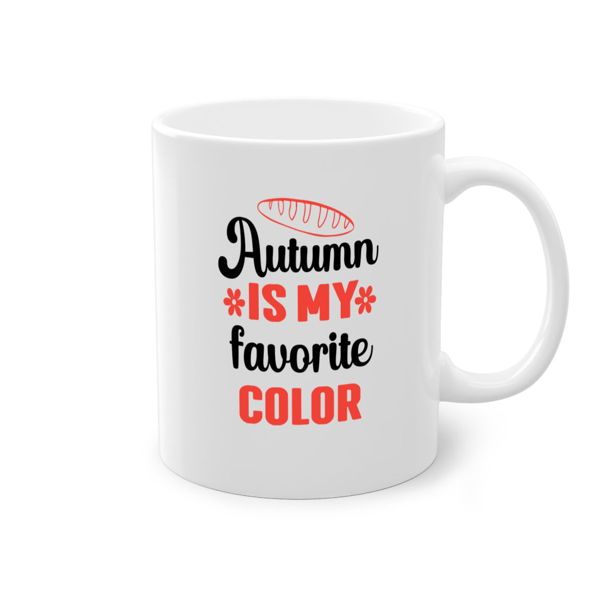 A two-tone ceramic mug featuring the phrase 'Autumn is my favorite color', available in five colors with a glossy finish and C-shaped handle.