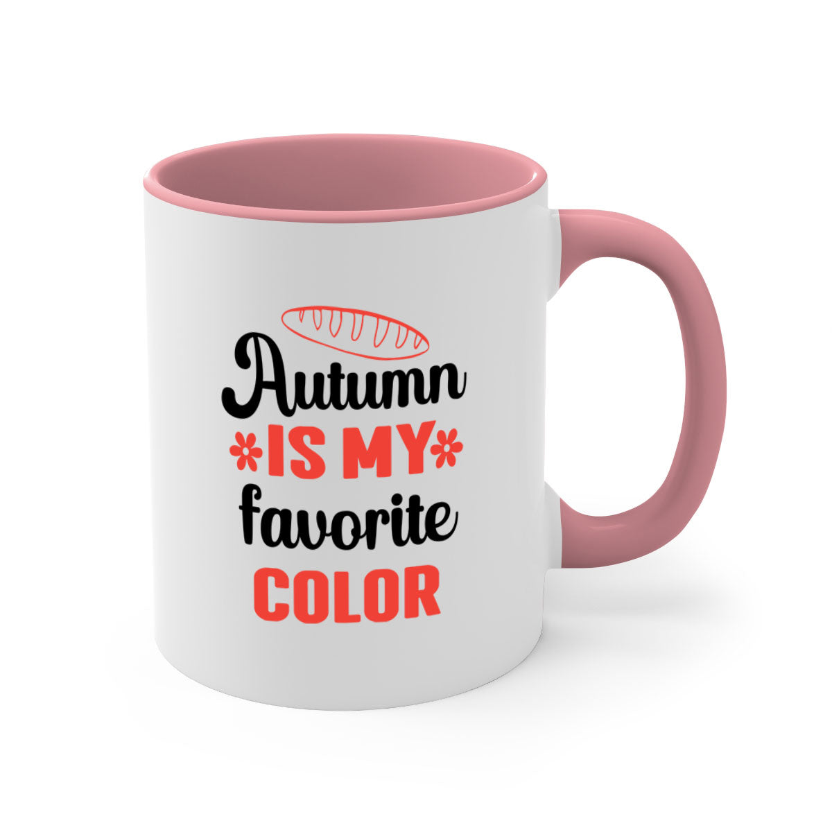A two-tone ceramic mug featuring the phrase 'Autumn is my favorite color', available in five colors with a glossy finish and C-shaped handle.