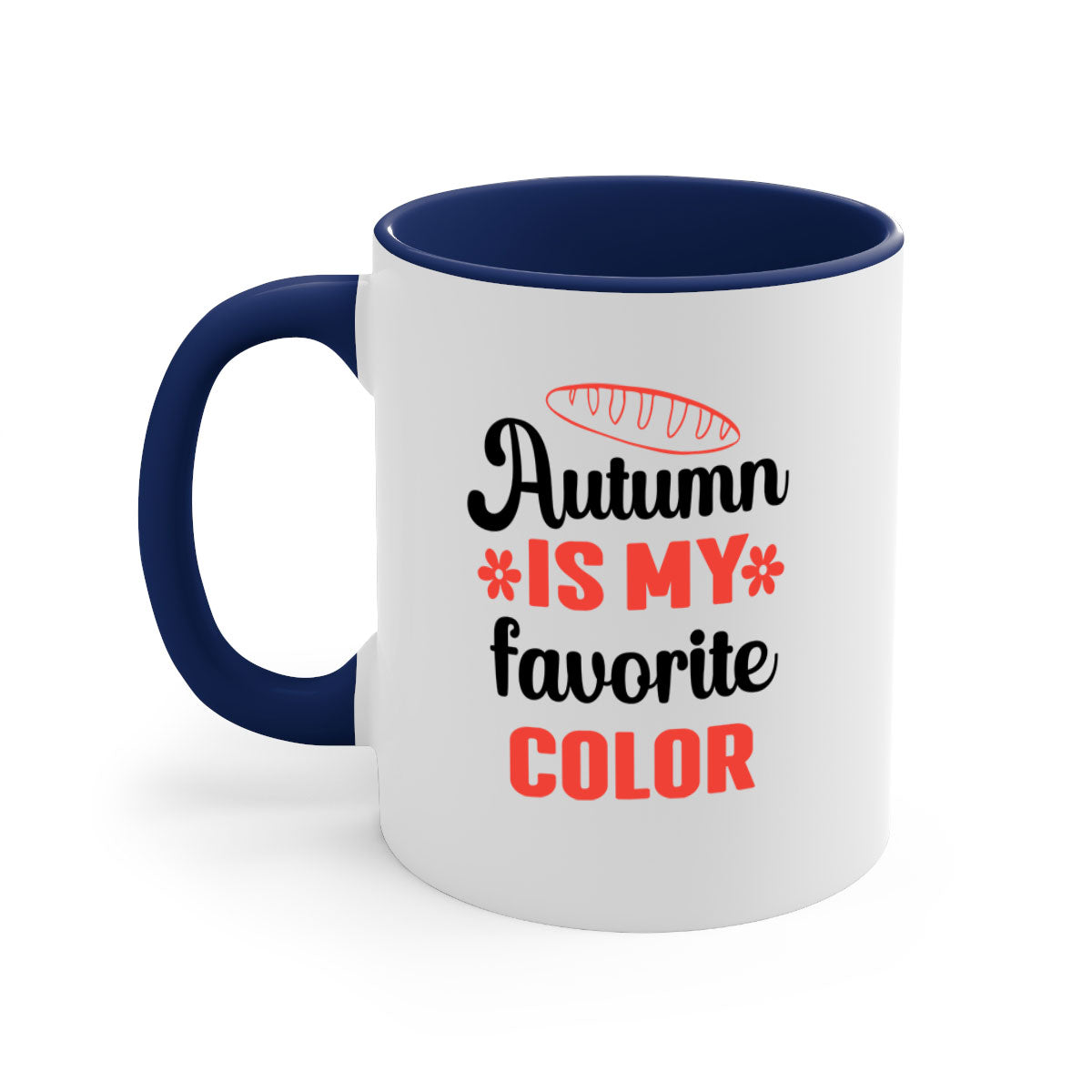A two-tone ceramic mug featuring the phrase 'Autumn is my favorite color', available in five colors with a glossy finish and C-shaped handle.