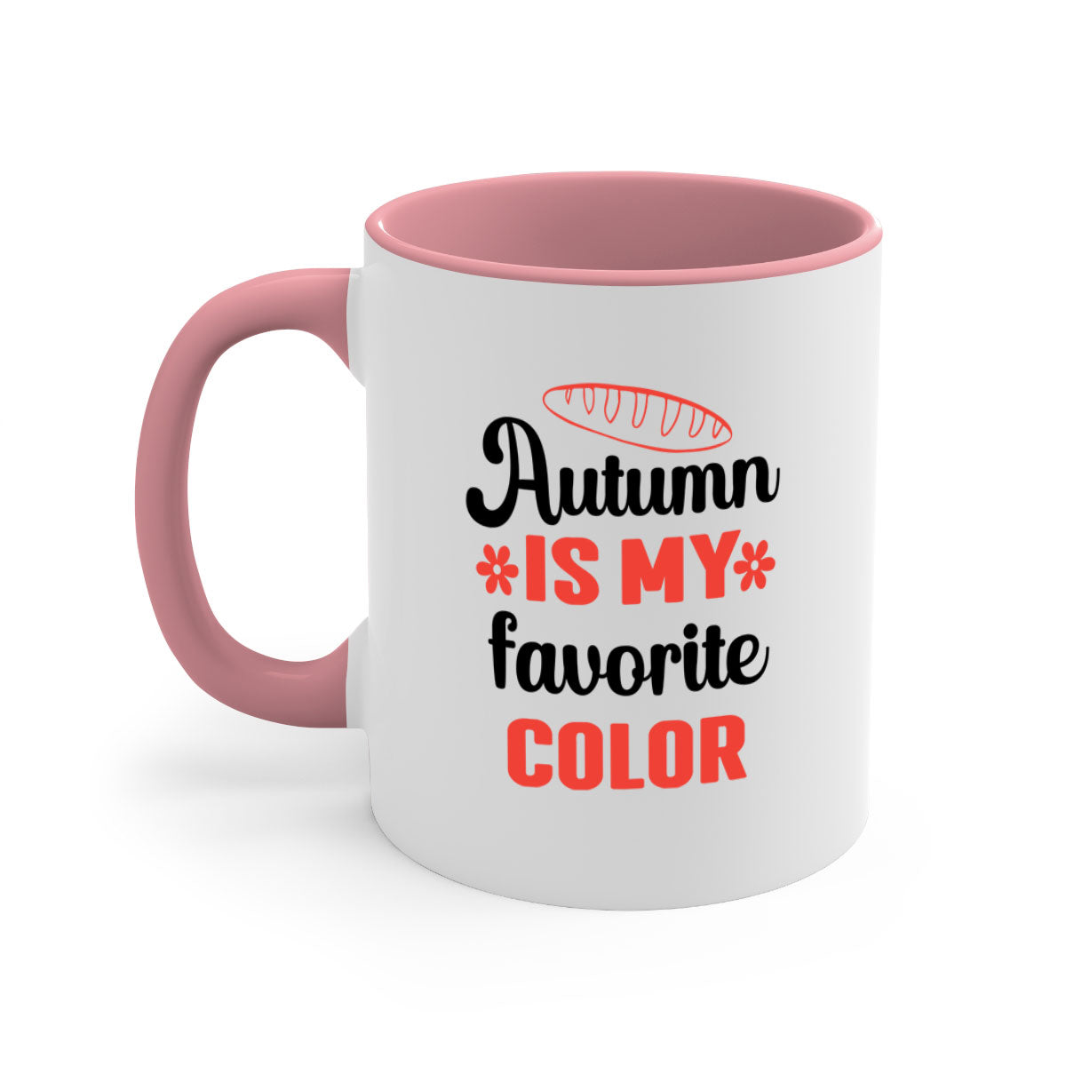 A two-tone ceramic mug featuring the phrase 'Autumn is my favorite color', available in five colors with a glossy finish and C-shaped handle.