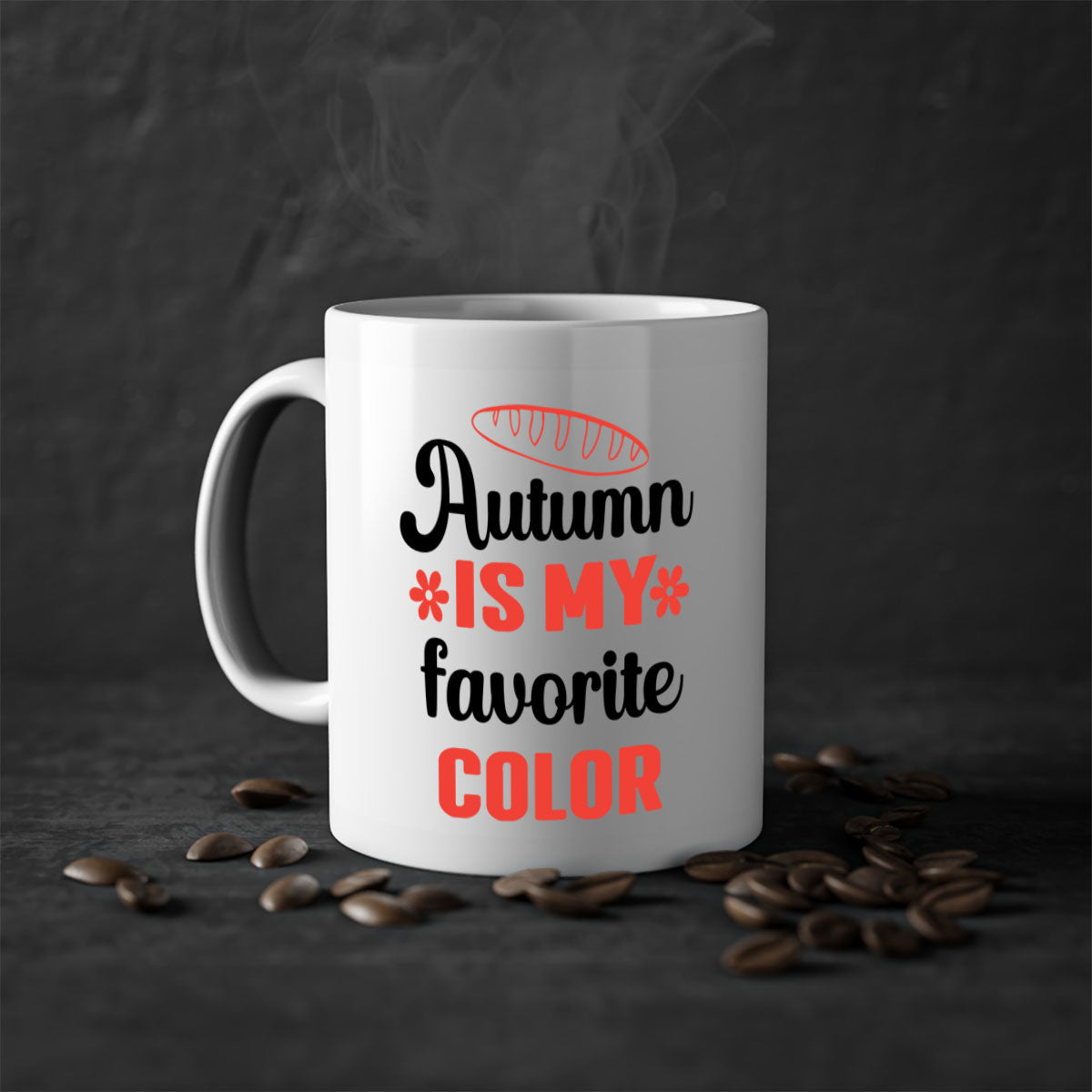 A two-tone ceramic mug featuring the phrase 'Autumn is my favorite color', available in five colors with a glossy finish and C-shaped handle.