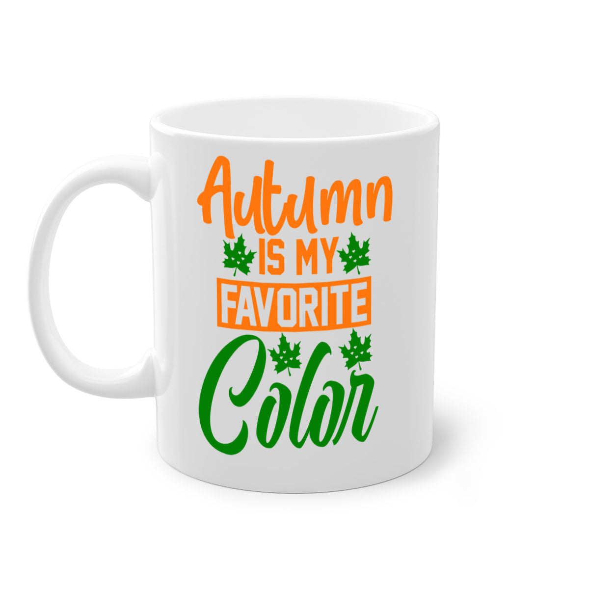 A two-tone ceramic mug with a glossy finish, featuring a colored handle and interior, perfect for enjoying autumn beverages.