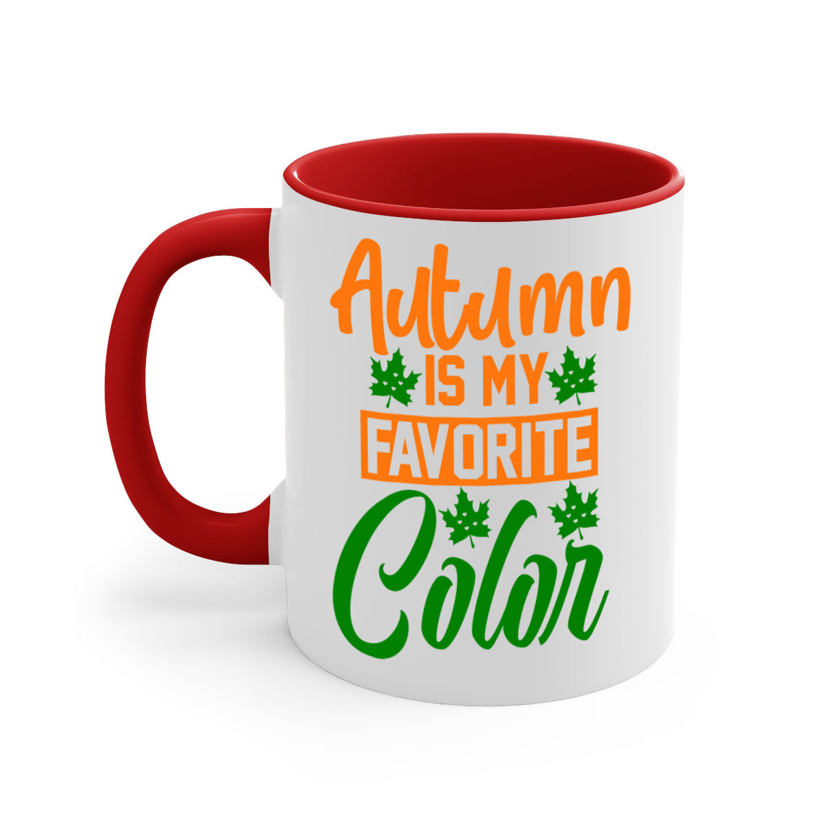 A two-tone ceramic mug with a glossy finish, featuring a colored handle and interior, perfect for enjoying autumn beverages.