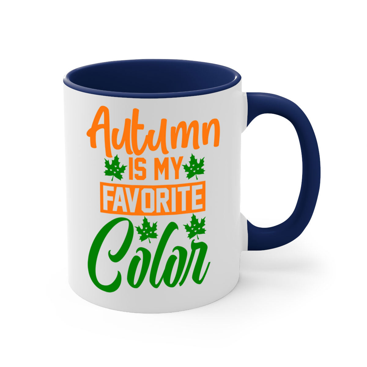A two-tone ceramic mug with a glossy finish, featuring a colored handle and interior, perfect for enjoying autumn beverages.