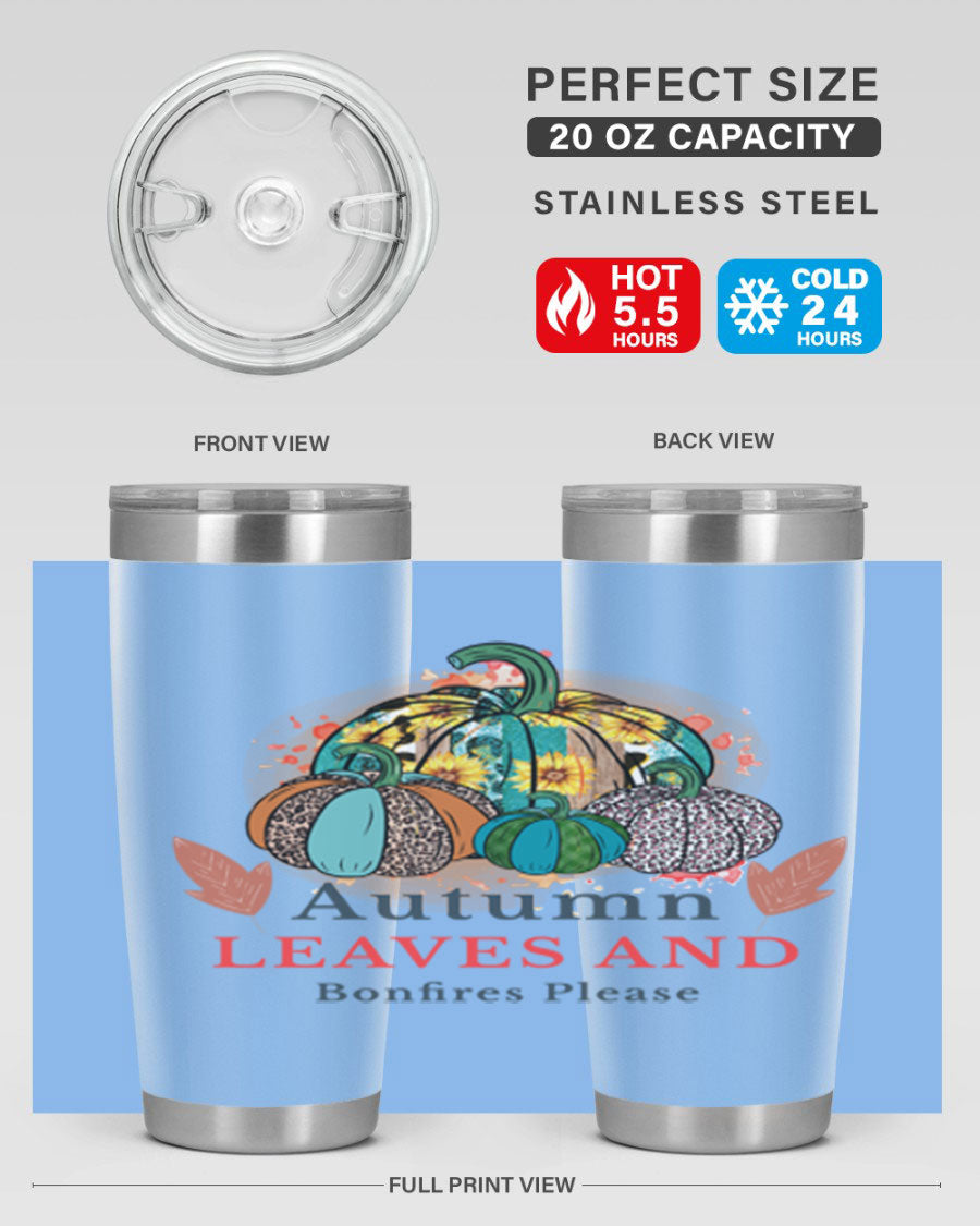 Autumn Leaves And Bonfires Please 25# tumbler featuring a stylish fall design, double wall vacuum stainless steel construction, and a drink-thru lid.