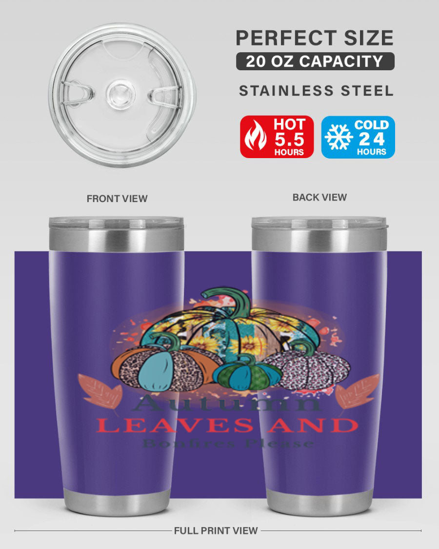 Autumn Leaves And Bonfires Please 25# tumbler featuring a stylish fall design, double wall vacuum stainless steel construction, and a drink-thru lid.