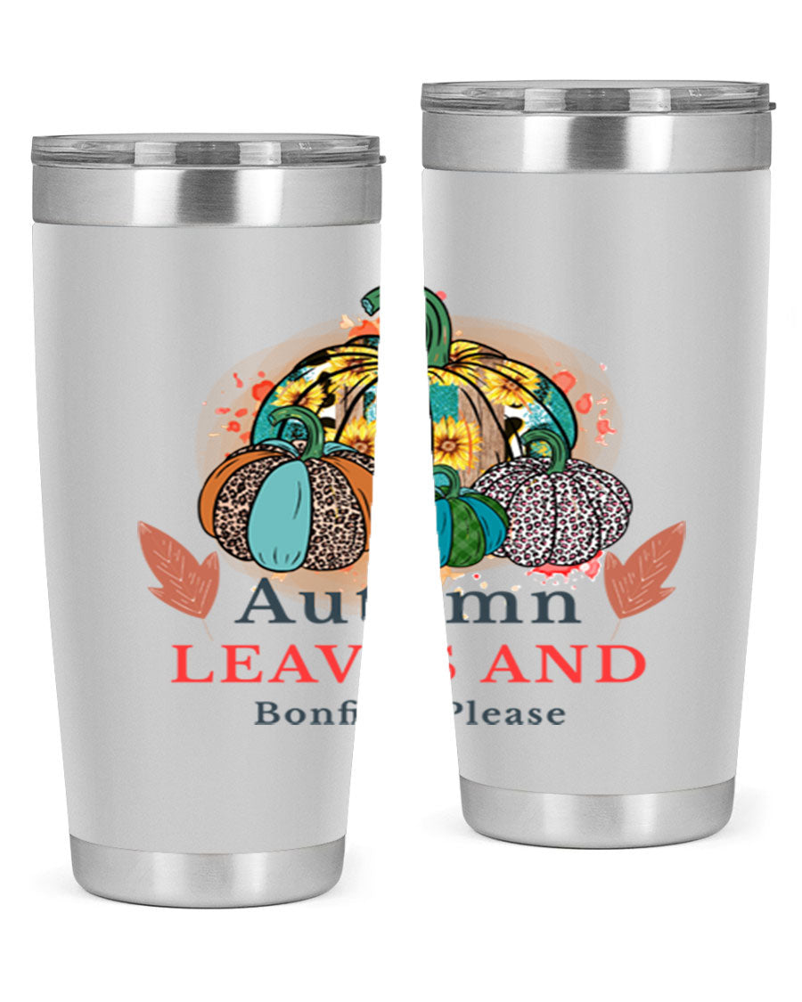 Autumn Leaves And Bonfires Please 25# tumbler featuring a stylish fall design, double wall vacuum stainless steel construction, and a drink-thru lid.