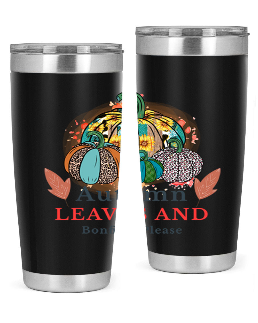 Autumn Leaves And Bonfires Please 25# tumbler featuring a stylish fall design, double wall vacuum stainless steel construction, and a drink-thru lid.