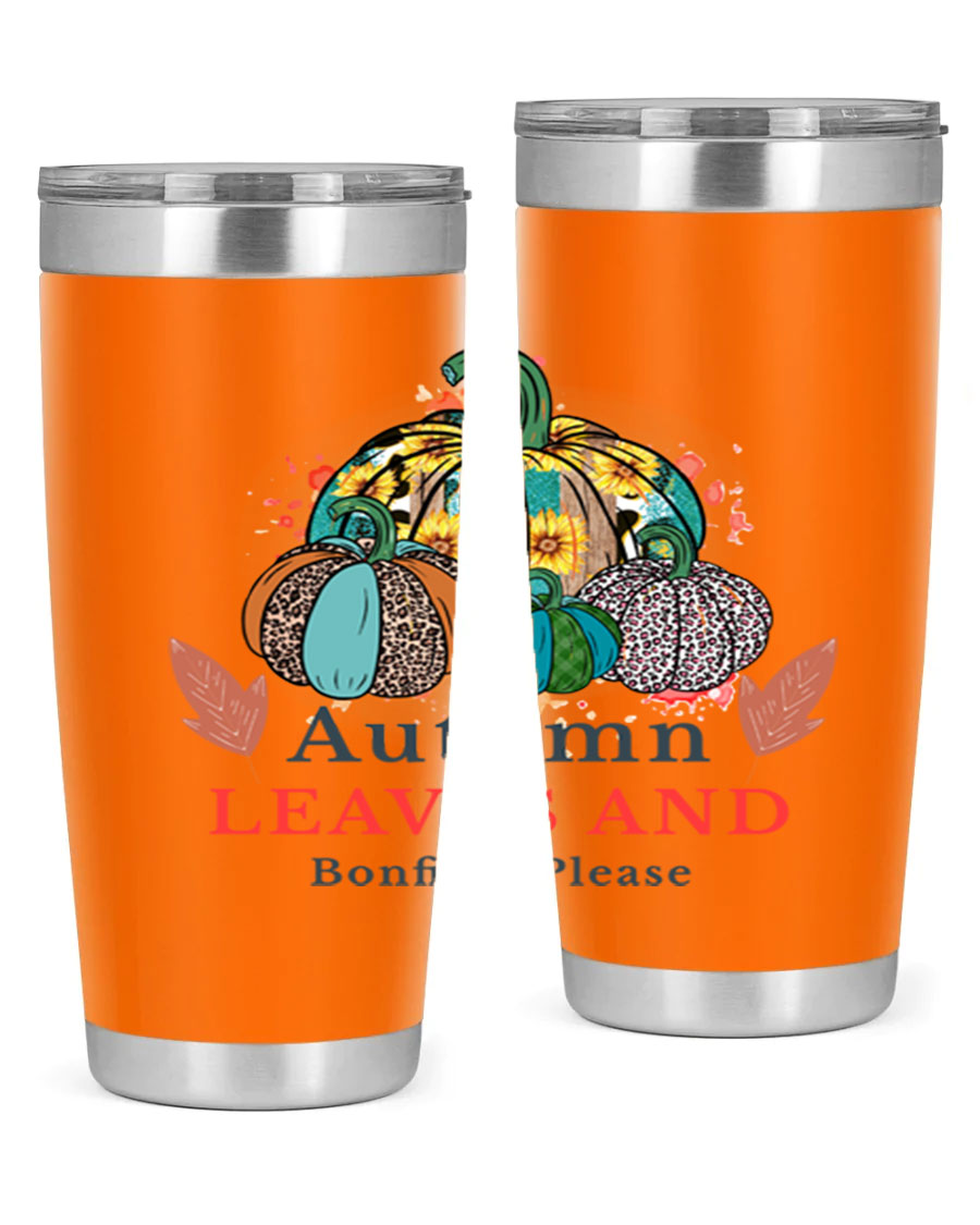 Autumn Leaves And Bonfires Please 25# tumbler featuring a stylish fall design, double wall vacuum stainless steel construction, and a drink-thru lid.