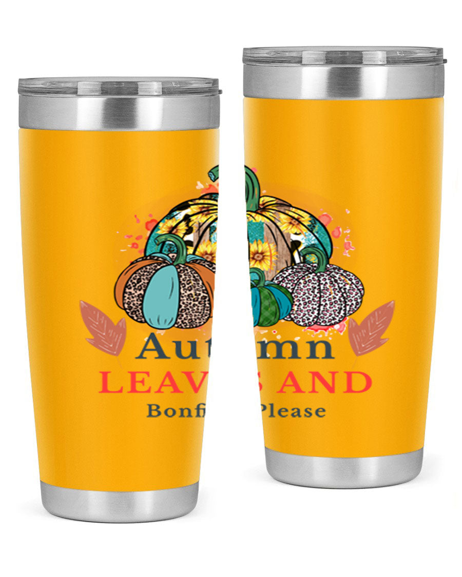 Autumn Leaves And Bonfires Please 25# tumbler featuring a stylish fall design, double wall vacuum stainless steel construction, and a drink-thru lid.