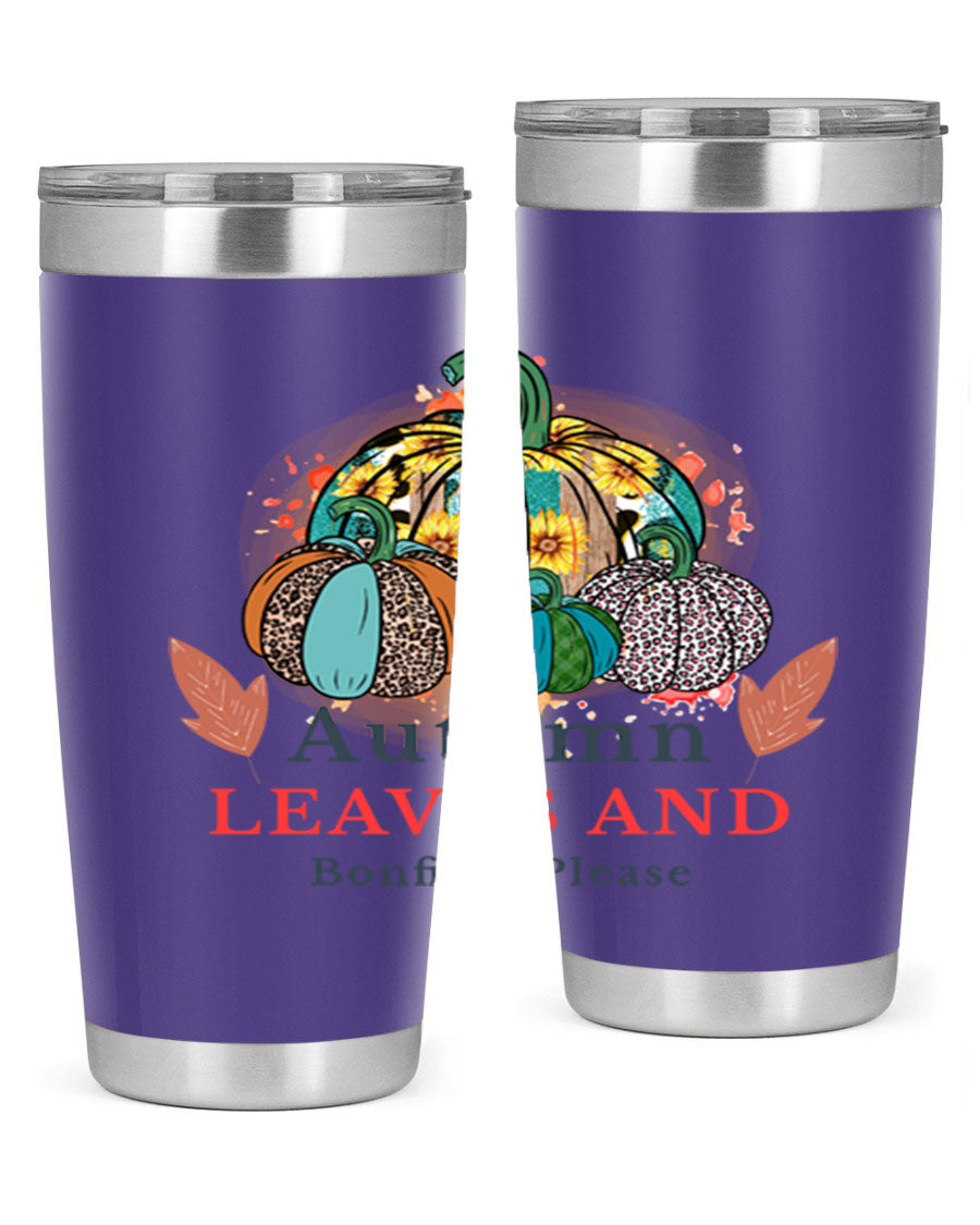 Autumn Leaves And Bonfires Please 25# tumbler featuring a stylish fall design, double wall vacuum stainless steel construction, and a drink-thru lid.