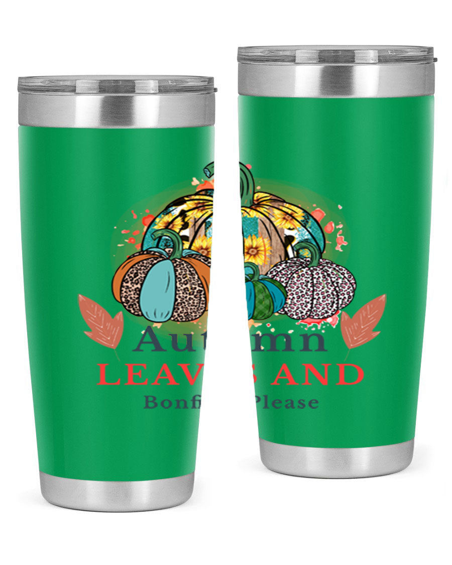 Autumn Leaves And Bonfires Please 25# tumbler featuring a stylish fall design, double wall vacuum stainless steel construction, and a drink-thru lid.
