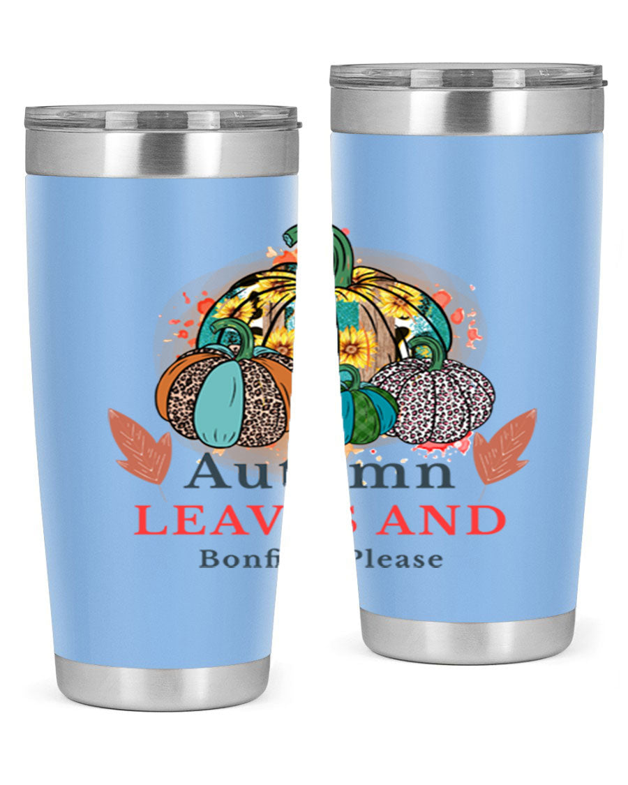 Autumn Leaves And Bonfires Please 25# tumbler featuring a stylish fall design, double wall vacuum stainless steel construction, and a drink-thru lid.
