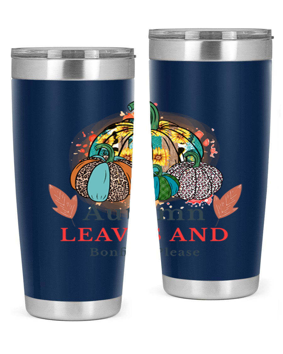 Autumn Leaves And Bonfires Please 25# tumbler featuring a stylish fall design, double wall vacuum stainless steel construction, and a drink-thru lid.