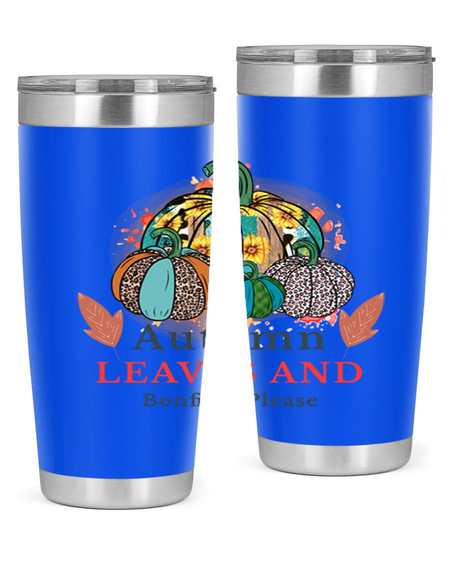 Autumn Leaves And Bonfires Please 25# tumbler featuring a stylish fall design, double wall vacuum stainless steel construction, and a drink-thru lid.