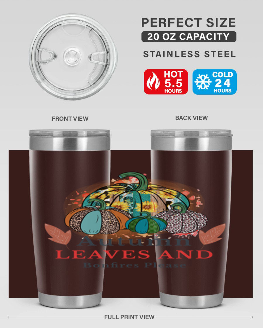 Autumn Leaves And Bonfires Please 25# tumbler featuring a stylish fall design, double wall vacuum stainless steel construction, and a drink-thru lid.