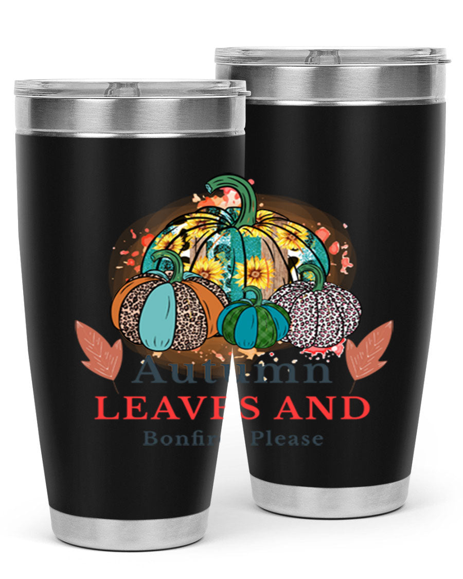 Autumn Leaves And Bonfires Please 25# tumbler featuring a stylish fall design, double wall vacuum stainless steel construction, and a drink-thru lid.