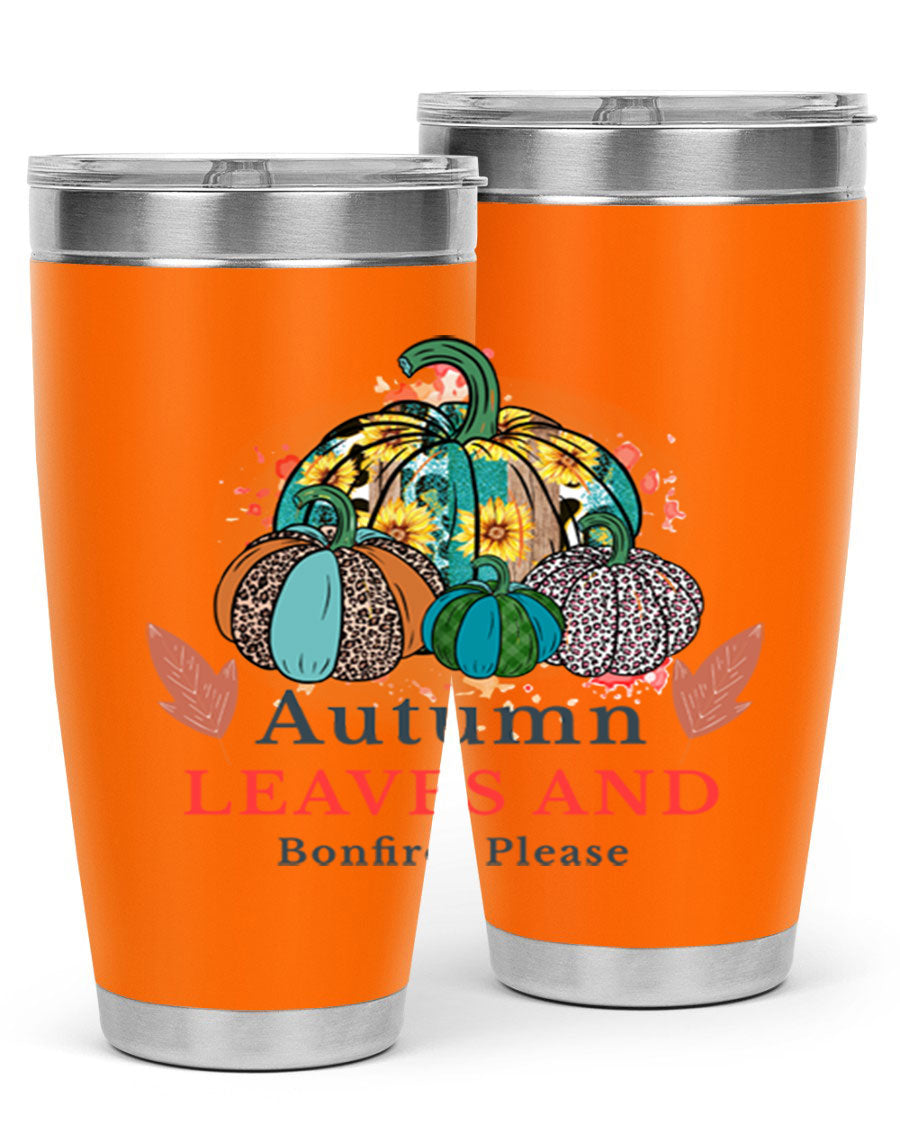 Autumn Leaves And Bonfires Please 25# tumbler featuring a stylish fall design, double wall vacuum stainless steel construction, and a drink-thru lid.