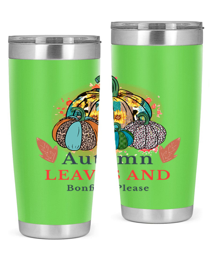 Autumn Leaves And Bonfires Please 25# tumbler featuring a stylish fall design, double wall vacuum stainless steel construction, and a drink-thru lid.