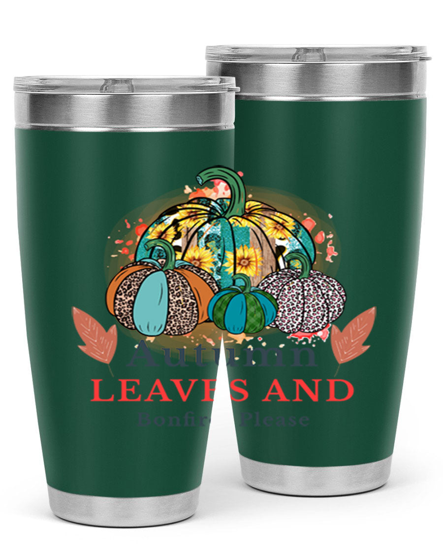 Autumn Leaves And Bonfires Please 25# tumbler featuring a stylish fall design, double wall vacuum stainless steel construction, and a drink-thru lid.