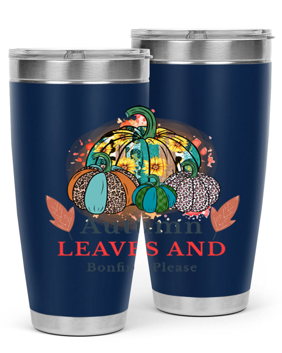Autumn Leaves And Bonfires Please 25# tumbler featuring a stylish fall design, double wall vacuum stainless steel construction, and a drink-thru lid.