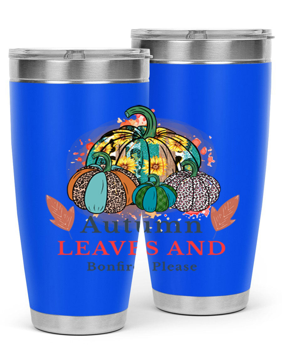 Autumn Leaves And Bonfires Please 25# tumbler featuring a stylish fall design, double wall vacuum stainless steel construction, and a drink-thru lid.