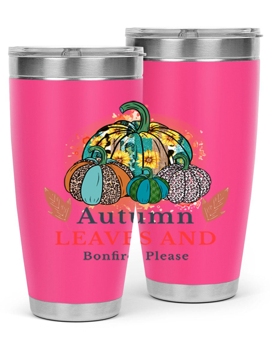 Autumn Leaves And Bonfires Please 25# tumbler featuring a stylish fall design, double wall vacuum stainless steel construction, and a drink-thru lid.