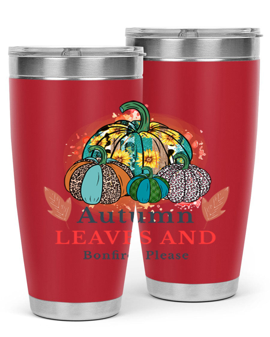 Autumn Leaves And Bonfires Please 25# tumbler featuring a stylish fall design, double wall vacuum stainless steel construction, and a drink-thru lid.